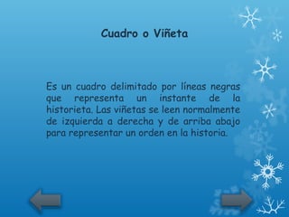 Cuadro o Viñeta



Es un cuadro delimitado por líneas negras
que representa un instante de la
historieta. Las viñetas se leen normalmente
de izquierda a derecha y de arriba abajo
para representar un orden en la historia.
 