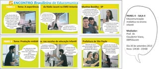 Sou Ana do SME-SP,
integrante da experiência
da Rádio Jacaré na EMEI
e estou aqui para reﬂetir
sobre como a rádio
possibilita a validação
dos discursos da
infância no espaço
escolar.
Comunicação em educação,
independentemente
da tecnologia, deve ser dois
fatores importantes
para se pensar um novo
currículo para a educação
infantil.
Marcelo diz que a
educomunicação independe
da tecnologia, daí a
diversidade de práticas!
A partir da inserção do
Educomradio começam
a pipocar na rede educativa
de toda a cidade,
diversas práticas
educomunicativas.
PAINEL 4 - SALA 4
Educomunicação
midiática no ensino
infantil
Mediador:
Prof. Dr.
Claudemir Viana,
ABPEducom
Día 20 de setembro 2013
Hora: 13h30 - 15h00
A professora explica que
a historia pessoal do professor
contribui muito com o formador
que ele vai ser. Temos que
fazer a nossa parte!
 