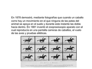 En 1878 demostr ó, mediante fotografías que cuando un caballo corre hay un movimiento en el que ninguna de las patas del animal se apoya en el suelo y durante este instante las dobla hacia dentro. En 1881 inventó el zoopraxisxopio aparato con el cual reproducía en una pantalla carreras de caballos, el vuelo de las aves y pruebas atléticas. 