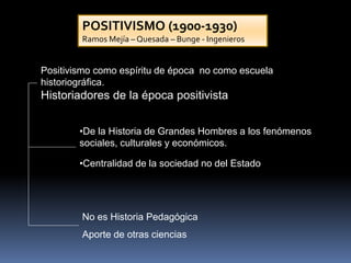 POSITIVISMO (1900-1930)
Ramos Mejía – Quesada – Bunge - Ingenieros
Positivismo como espíritu de época no como escuela
historiográfica.
Historiadores de la época positivista
•De la Historia de Grandes Hombres a los fenómenos
sociales, culturales y económicos.
•Centralidad de la sociedad no del Estado
No es Historia Pedagógica
Aporte de otras ciencias
 