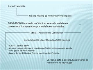 1880-1900 Historia de las Vindicaciones de los héroes revolucionarios opacados por los héroes nacionales 1880 – Política de la Conciliación Dorrego-Lavalle-López-Quiroga-Artigas-Güemes ROSAS – Saldías 1890  No como ruptura, sino como nexo Campo-Ciudad, como producto social y como gestor de Pacto Federal. Sigue a Renan. El Hombre Grande (no el Hombre Perfecto) Lucio V, Mansilla No a la Historia de Hombres Providenciales La Tiranía está al acecho. Las personas se removieron, no las causas 