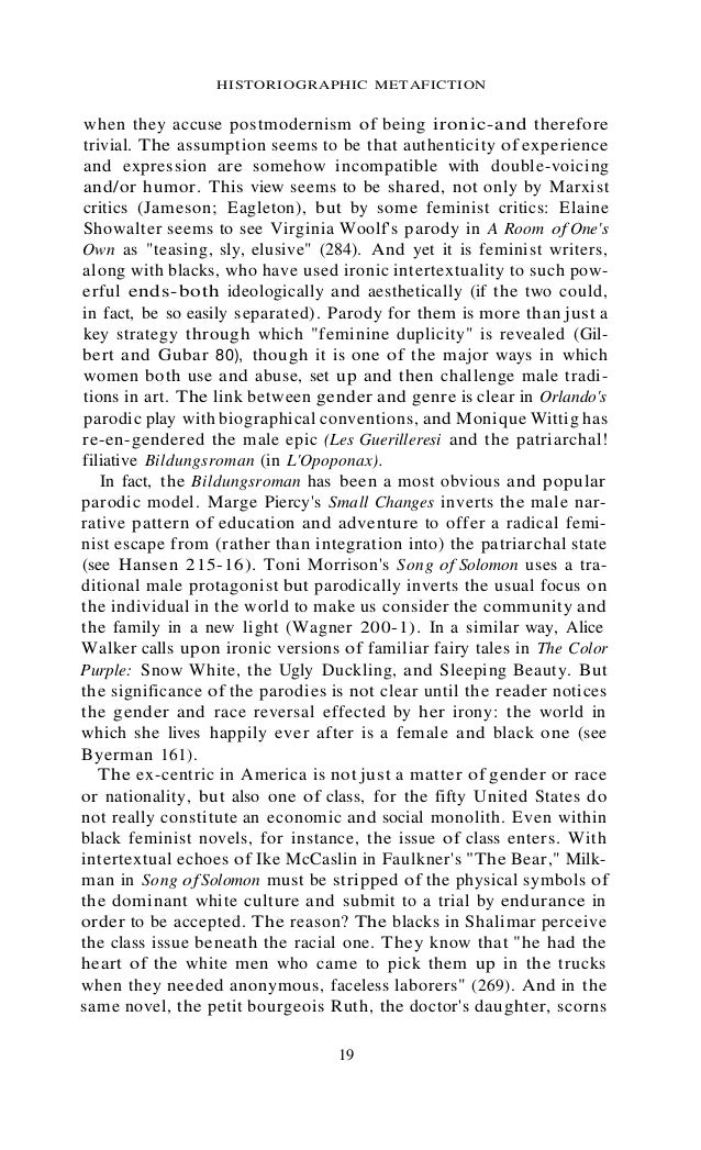 historiographic metafiction In chapter iii, the author of this thesis made detailed comparison of northanger abbey with the french lieutenant's woman, which is a typical product of metafiction in 20th century, about some elements such as parody, the intervention of both author and readers, and also the uncertainty of plots and ends. historiographic metafiction In chapter iii, the author of this thesis made detailed comparison of northanger abbey with the french lieutenant's woman, which is a typical product of metafiction in 20th century, about some elements such as parody, the intervention of both author and readers, and also the uncertainty of plots and ends.