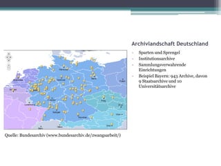 Archivlandschaft Deutschland
-

Quelle: Bundesarchiv (www.bundesarchiv.de/zwangsarbeit/)

Sparten und Sprengel
Institutionsarchive
Sammlungsverwahrende
Einrichtungen
Beispiel Bayern: 943 Archive, davon
9 Staatsarchive und 10
Universitätsarchive

 