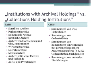 „Institutions with Archival Holdings“ vs.
„Collections Holding Institutions“
IAHs

CHIs

•
•
•
•
•

• Sammlungen von wiss.
Institutionen
• Sammlungen von
Gedenkstätten
• Sammlungen von
humanitären Einrichtungen
mit personenbezogenem
Auswertungsauftrag (z.B. KZGedenkstätten, Suchdienste)
• Sammlungen von musealen
Einrichtungen

•
•
•
•
•

Staatliche Archive
Parlamentsarchive
Kommunale Archive
Kirchliche Archive
Archive von Hochschulen und
wiss. Institutionen
Wirtschaftsarchive
Literaturarchive
Medienarchive
Archive politischer Parteien
und Verbände
Adels- und Privatarchive

 