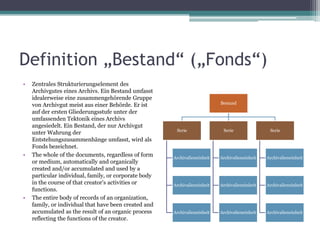 Definition „Bestand“ („Fonds“)
•

•

•

Zentrales Strukturierungselement des
Archivgutes eines Archivs. Ein Bestand umfasst
idealerweise eine zusammengehörende Gruppe
von Archivgut meist aus einer Behörde. Er ist
auf der ersten Gliederungsstufe unter der
umfassenden Tektonik eines Archivs
angesiedelt. Ein Bestand, der nur Archivgut
unter Wahrung der
Entstehungszusammenhänge umfasst, wird als
Fonds bezeichnet.
The whole of the documents, regardless of form
or medium, automatically and organically
created and/or accumulated and used by a
particular individual, family, or corporate body
in the course of that creator's activities or
functions.
The entire body of records of an organization,
family, or individual that have been created and
accumulated as the result of an organic process
reflecting the functions of the creator.

Bestand

Serie

Serie

Serie

Archivalieneinheit

Archivalieneinheit

Archivalieneinheit

Archivalieneinheit

Archivalieneinheit

Archivalieneinheit

Archivalieneinheit

Archivalieneinheit

Archivalieneinheit

 