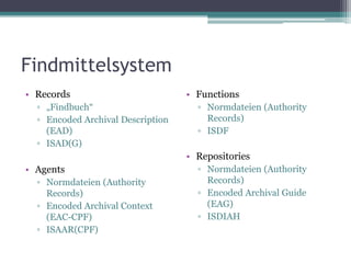 Findmittelsystem
• Records
▫ „Findbuch“
▫ Encoded Archival Description
(EAD)
▫ ISAD(G)

• Functions
▫ Normdateien (Authority
Records)
▫ ISDF

• Repositories

• Agents
▫ Normdateien (Authority
Records)
▫ Encoded Archival Context
(EAC-CPF)
▫ ISAAR(CPF)

▫ Normdateien (Authority
Records)
▫ Encoded Archival Guide
(EAG)
▫ ISDIAH

 