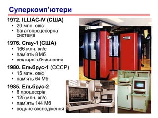 1972.  ILLIAC - IV  (США) 20 млн. оп /c багатопроцесорна  система 1976.  Cray-1 ( США ) 166 млн. оп /c пам’ять 8 Мб векторні обчислення 1980. Ельбрус-1  (СССР) 15 млн. оп /c пам’ять 64 Мб 1985. Ельбрус-2 8 процесорів 125 млн. оп /c пам’ять 144 Мб водяне охолодження Суперкомп’ютери 