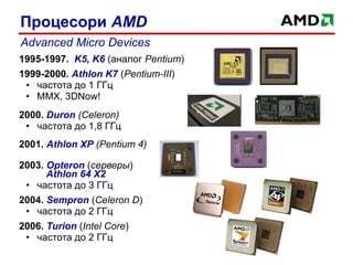 1995-1997.  K5, K6   ( аналог  Pentium ) 1999 -2000 .  Athlon   K7   ( Pentium - III ) частота до 1 ГГц MMX, 3DNow! 2000.  Duron   (Celeron) частота до 1 ,8  ГГц 2001.  Athlon XP  (Pentium 4) 2003.  Opteron   ( серверы )   Athlon 64 X2 частота до 3 ГГц  2004.  Sempron   ( Celeron D ) частота до  2  ГГц 2006.  Turion  ( Intel Core ) частота до  2  ГГц Advanced Micro Devices Процесори  A MD 