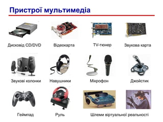 Пристрої мультимедіа Дисковід  CD/DVD Відеокарта TV- тюнер Звукова карта Звукові колонки Навушники Джойстик Руль Шлеми віртуальної реальності Геймпад Мікрофон 