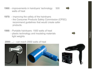 1960: - improvements in hairdryers’ technology 500
watts of heat
1970: - improving the safety of the hairdryers
- the Consumer Products Safety Commission (CPSC)
recommend guidelines that would create safer
products.
1990: - Portable hairdryers: 1500 watts of heat
- plastic technology and insulating materials
light weights
2000- ...: - can reach 2000 watts of heat
History