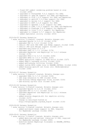 - fixed GIF symbol rendering problem based on size
          (ticket 2094)
        - upgraded to PostgreSQL 9.0.2 support for GDAL
        - upgraded to jpeg 8b support for GDAL and MapServer
        - upgraded to zlib 1.2.5 support for GDAL and MapServer
        - upgraded to geotiff 1.3.1-dev support for GDAL
        - upgraded to xerces 3.1.1 support for GDAL
        - upgraded to HDF5 5.1.8 support for GDAL
        - upgraded to OpenSSL 1.0.0c support for GDAL
        - upgraded to CURL 7.21.3 support for GDAL and MapServer
        - upgraded to Freetype 2.4.4 support for MapServer
        - upgraded to Iconv 1.11.1 support for MapServer
        - upgraded to libxml2 2.7.7 support for MapServer
        - added shptreetst utility (ticket 2253)

2010-04-20 Gateway Geomatics
  * ms4w version 3.0-beta11 created. Notable changes are:
        - upgraded Apache to 2.2.15 (ticket 2178)
        - upgraded PHP to 5.3.2 (ticket 2174)
        - rebuilt PHP with PDO ODBC and PGSQL support (ticket 2168)
        - rebuilt PHP with MCrypt support (ticket 2177)
        - upgraded mod_fcgid to 2.3.5
        - upgraded GDAL to 1.7.1 (ticket 2179)
        - upgraded MapServer and MapScript to 5.6.3 release
          (ticket 2170)
        - upgraded PROJ.4 to 4.7.0 (ticket 2106)
        - upgraded GEOS to 3.2.2 (ticket 2132)
        - added spatialite support to GDAL build (ticket 2167)
        - added GDAL's testepsg utility (ticket 2122)
        - added msTileCache utilities (ticket 2158)
        - added custom EPSG codes note to README_INSTALL (ticket 2182)
        - added missing geotiff csv files into /ms4w/gdaldata/
          (ticket 2100)

2010-01-27 Gateway Geomatics
  * ms4w version 3.0-beta10 created. Notable changes are:
        - upgraded GDAL to 1.7.0 (ticket 2126)
        - add soap extension to PHP (ticket 2154)
        - add missing CSharp mapscript files (ticket 2155)
        - add missing cgi-bin dlls (ticket 2156)

2010-01-26 Gateway Geomatics
  * ms4w version 3.0-beta9 created. Notable changes are:
        - upgraded Apache to 2.2.14 (ticket 2151)
        - upgraded PHP to 5.3.1 (ticket 2123)
        - upgraded MapServer and MapScript to 5.6.1 release
          (ticket 2152)
        - added missing shapelib.dll for shp2tile utility
          (ticket 2127)
        - change to mod_fcgid hosted on
          http://httpd.apache.org/mod_fcgid/ (ticket 2133)

2009-09-08 Gateway Geomatics
  * ms4w version 3.0-beta8 created. Notable changes are:
        - added multibyte regex support to PHP, required
          for Mapbender package (ticket 2086)

2009-09-01 Gateway Geomatics
  * ms4w version 3.0-beta7 created. Notable changes are:
        - added mbstring and gettext libraries to PHP, required
          for Mapbender package (ticket 2086)
        - modified Python MapScript filenames in README_INSTALL
          (ticket 2087)
 
