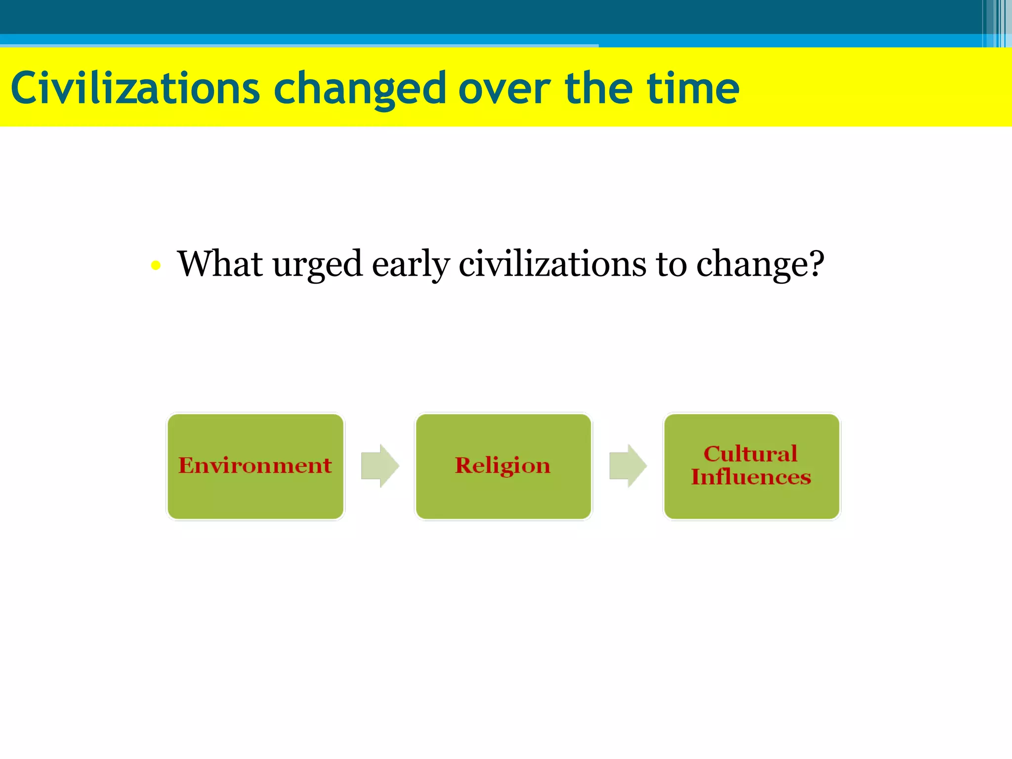 Civilizations changed over the time What urged early civilizations to change? 