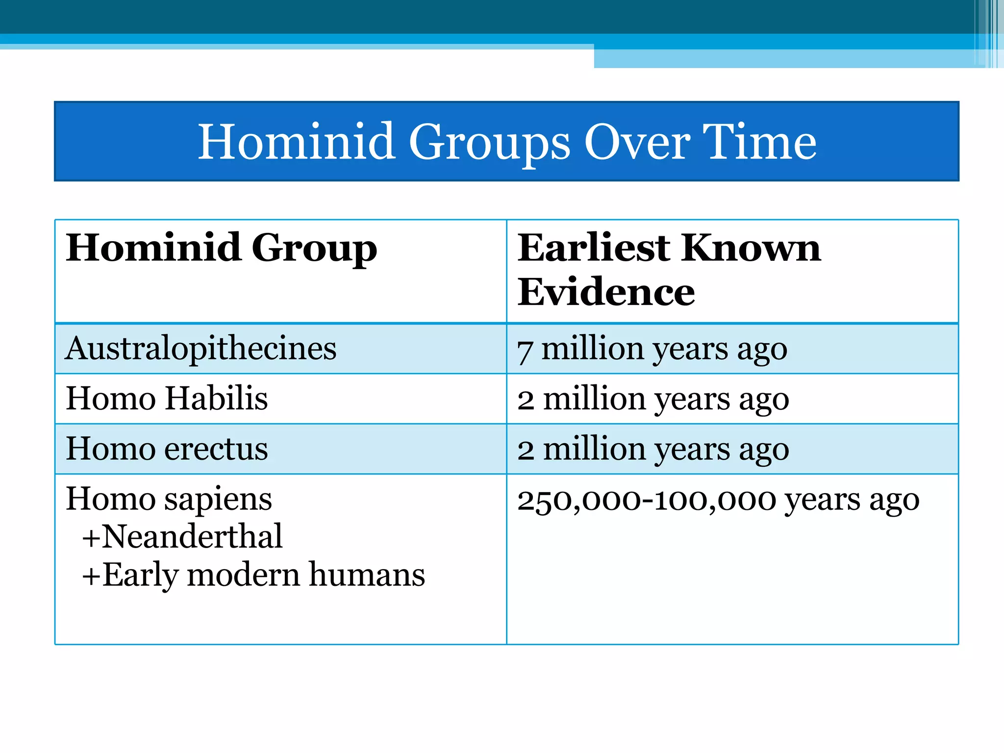 Hominid Groups Over Time Hominid Group Earliest Known Evidence Australopithecines 7 million years ago Homo  Habilis   2 million years ago Homo erectus 2 million years ago Homo sapiens +Neanderthal +Early modern humans 250,000-100,000 years ago 