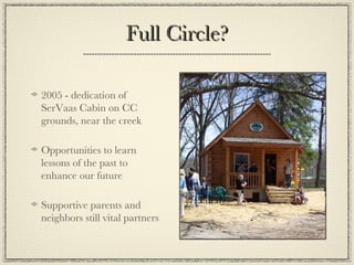 Full Circle? 2005 - dedication of SerVaas Cabin on CC grounds, near the creek Opportunities to learn lessons of the past to enhance our future Supportive parents and neighbors still vital partners 