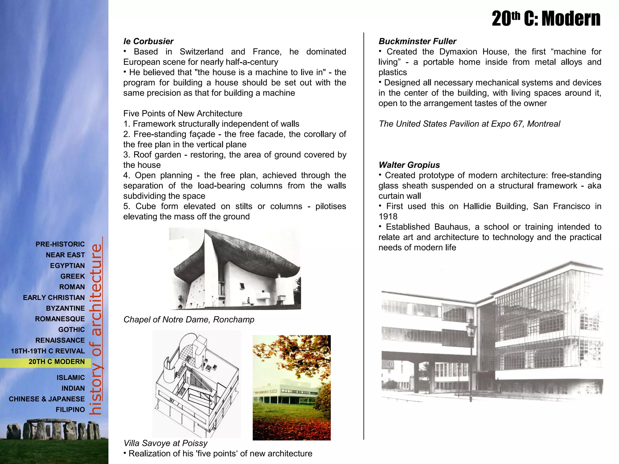 historyofarchitecture
le Corbusier
• Based in Switzerland and France, he dominated
European scene for nearly half-a-century
• He believed that "the house is a machine to live in" - the
program for building a house should be set out with the
same precision as that for building a machine
Five Points of New Architecture
1. Framework structurally independent of walls
2. Free-standing façade - the free facade, the corollary of
the free plan in the vertical plane
3. Roof garden - restoring, the area of ground covered by
the house
4. Open planning - the free plan, achieved through the
separation of the load-bearing columns from the walls
subdividing the space
5. Cube form elevated on stilts or columns - pilotises
elevating the mass off the ground
Chapel of Notre Dame, Ronchamp
Villa Savoye at Poissy
• Realization of his 'five points‘ of new architecture
20th
C: Modern
Buckminster Fuller
• Created the Dymaxion House, the first “machine for
living” - a portable home inside from metal alloys and
plastics
• Designed all necessary mechanical systems and devices
in the center of the building, with living spaces around it,
open to the arrangement tastes of the owner
The United States Pavilion at Expo 67, Montreal
Walter Gropius
• Created prototype of modern architecture: free-standing
glass sheath suspended on a structural framework - aka
curtain wall
• First used this on Hallidie Building, San Francisco in
1918
• Established Bauhaus, a school or training intended to
relate art and architecture to technology and the practical
needs of modern lifePRE-HISTORIC
NEAR EAST
EGYPTIAN
GREEK
ROMAN
EARLY CHRISTIAN
BYZANTINE
ROMANESQUE
GOTHIC
RENAISSANCE
18TH-19TH C REVIVAL
20TH C MODERN
ISLAMIC
INDIAN
CHINESE & JAPANESE
FILIPINO
 