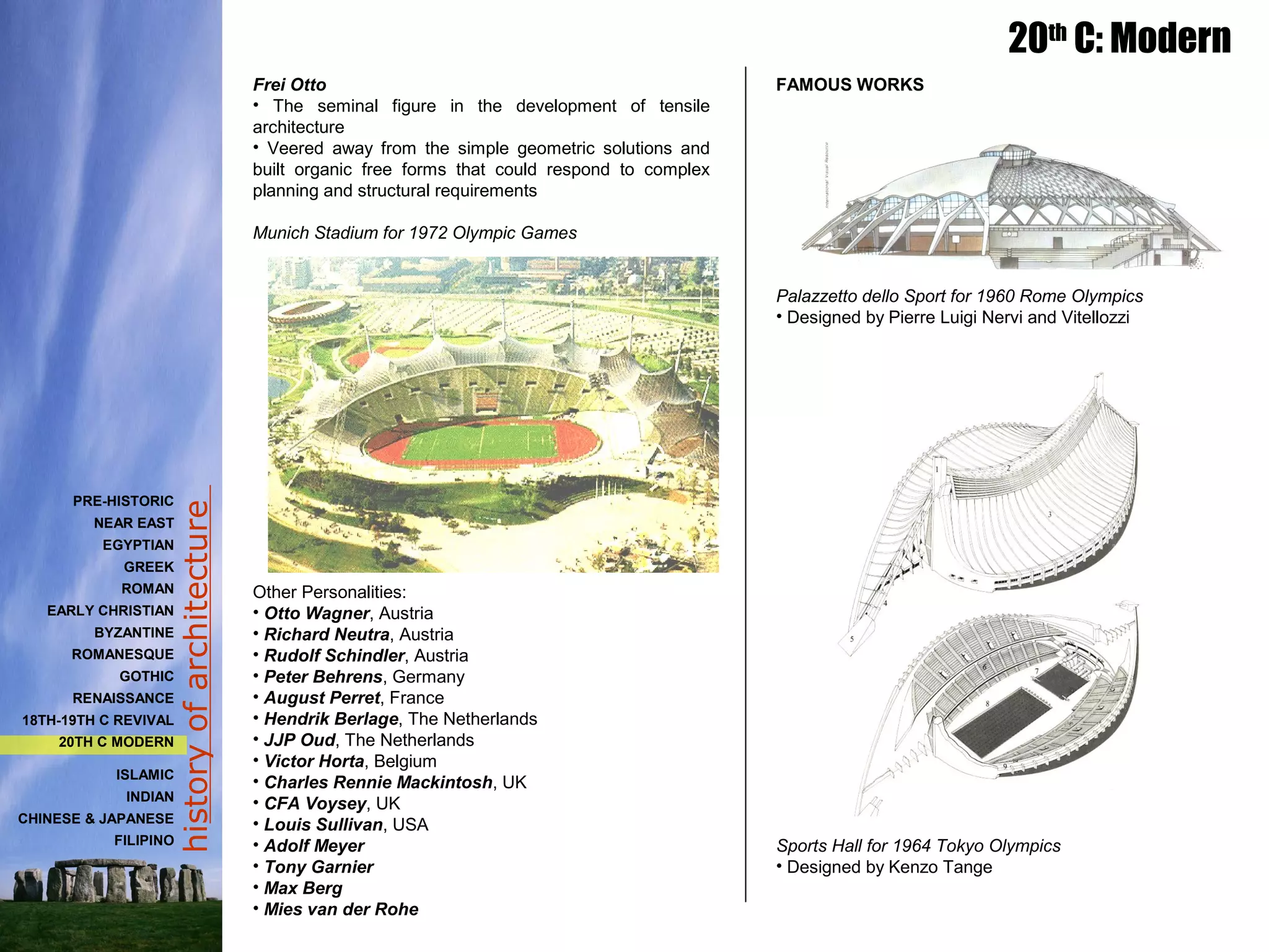 historyofarchitecture
20th
C: Modern
PRE-HISTORIC
NEAR EAST
EGYPTIAN
GREEK
ROMAN
EARLY CHRISTIAN
BYZANTINE
ROMANESQUE
GOTHIC
RENAISSANCE
18TH-19TH C REVIVAL
20TH C MODERN
ISLAMIC
INDIAN
CHINESE & JAPANESE
FILIPINO
FAMOUS WORKS
Palazzetto dello Sport for 1960 Rome Olympics
• Designed by Pierre Luigi Nervi and Vitellozzi
Sports Hall for 1964 Tokyo Olympics
• Designed by Kenzo Tange
Frei Otto
• The seminal figure in the development of tensile
architecture
• Veered away from the simple geometric solutions and
built organic free forms that could respond to complex
planning and structural requirements
Munich Stadium for 1972 Olympic Games
Other Personalities:
• Otto Wagner, Austria
• Richard Neutra, Austria
• Rudolf Schindler, Austria
• Peter Behrens, Germany
• August Perret, France
• Hendrik Berlage, The Netherlands
• JJP Oud, The Netherlands
• Victor Horta, Belgium
• Charles Rennie Mackintosh, UK
• CFA Voysey, UK
• Louis Sullivan, USA
• Adolf Meyer
• Tony Garnier
• Max Berg
• Mies van der Rohe
 