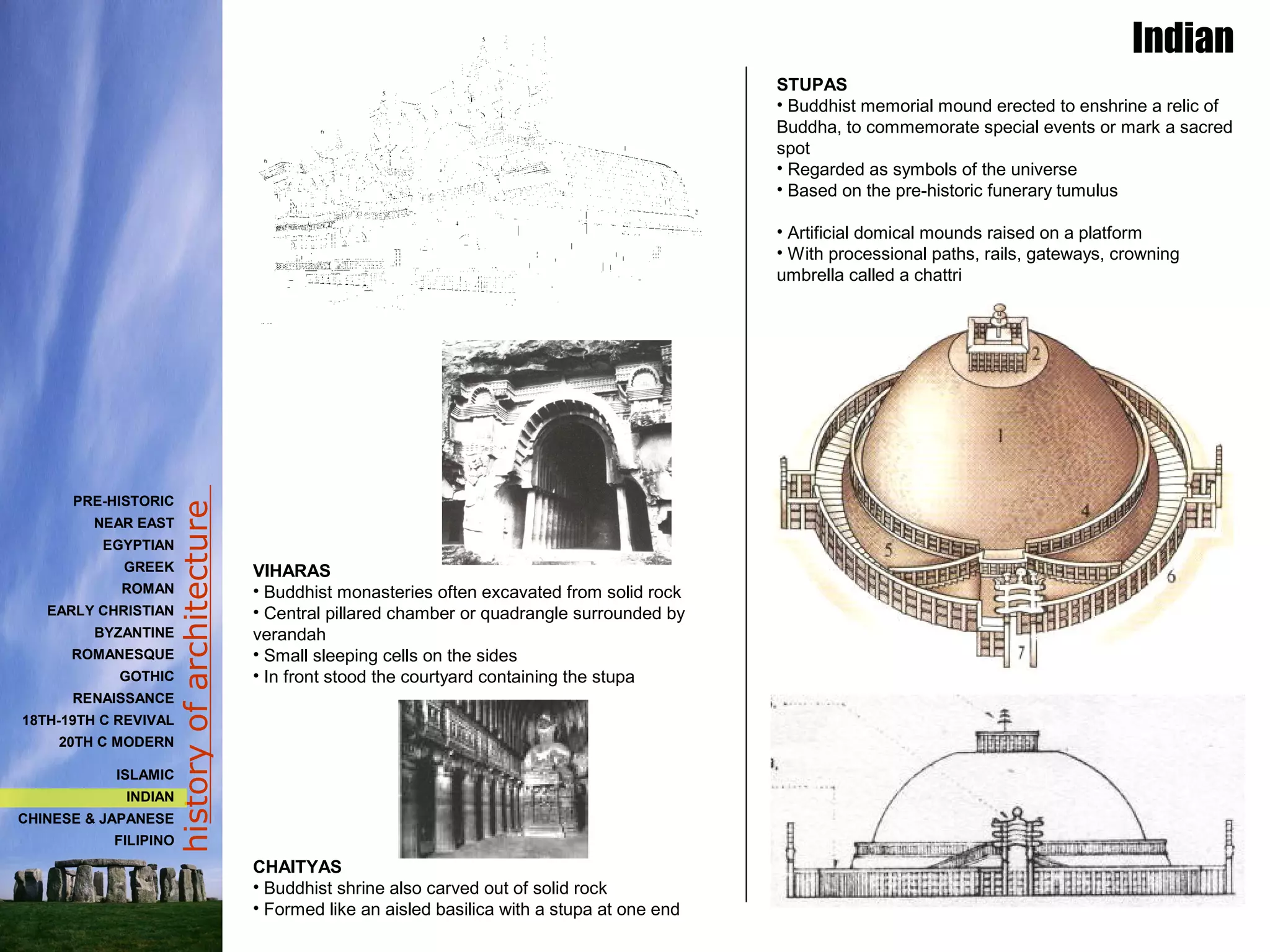 historyofarchitecture
STUPAS
• Buddhist memorial mound erected to enshrine a relic of
Buddha, to commemorate special events or mark a sacred
spot
• Regarded as symbols of the universe
• Based on the pre-historic funerary tumulus
• Artificial domical mounds raised on a platform
• With processional paths, rails, gateways, crowning
umbrella called a chattri
VIHARAS
• Buddhist monasteries often excavated from solid rock
• Central pillared chamber or quadrangle surrounded by
verandah
• Small sleeping cells on the sides
• In front stood the courtyard containing the stupa
CHAITYAS
• Buddhist shrine also carved out of solid rock
• Formed like an aisled basilica with a stupa at one end
Indian
PRE-HISTORIC
NEAR EAST
EGYPTIAN
GREEK
ROMAN
EARLY CHRISTIAN
BYZANTINE
ROMANESQUE
GOTHIC
RENAISSANCE
18TH-19TH C REVIVAL
20TH C MODERN
ISLAMIC
INDIAN
CHINESE & JAPANESE
FILIPINO
 