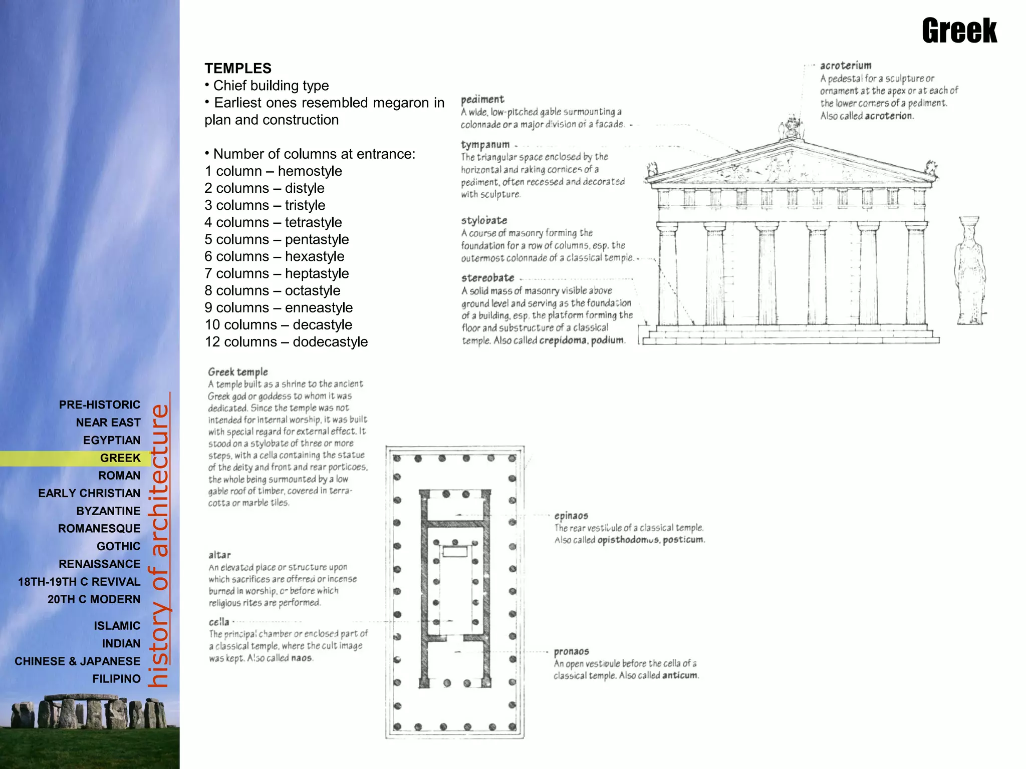 historyofarchitecture
Greek
TEMPLES
• Chief building type
• Earliest ones resembled megaron in
plan and construction
• Number of columns at entrance:
1 column – hemostyle
2 columns – distyle
3 columns – tristyle
4 columns – tetrastyle
5 columns – pentastyle
6 columns – hexastyle
7 columns – heptastyle
8 columns – octastyle
9 columns – enneastyle
10 columns – decastyle
12 columns – dodecastyle
PRE-HISTORIC
NEAR EAST
EGYPTIAN
GREEK
ROMAN
EARLY CHRISTIAN
BYZANTINE
ROMANESQUE
GOTHIC
RENAISSANCE
18TH-19TH C REVIVAL
20TH C MODERN
ISLAMIC
INDIAN
CHINESE & JAPANESE
FILIPINO
 