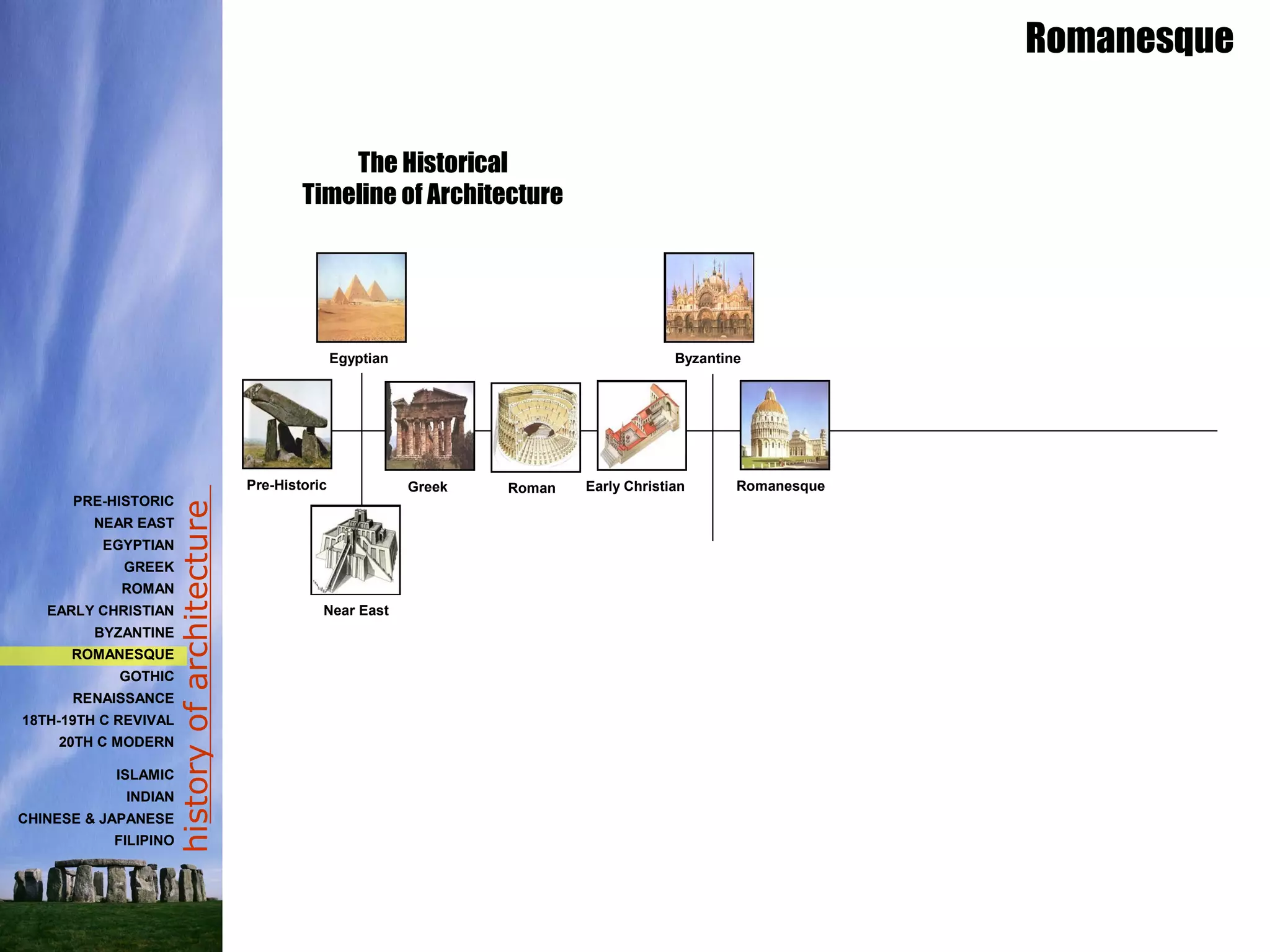 historyofarchitecture
The Historical
Timeline of Architecture
Romanesque
PRE-HISTORIC
NEAR EAST
EGYPTIAN
GREEK
ROMAN
EARLY CHRISTIAN
BYZANTINE
ROMANESQUE
GOTHIC
RENAISSANCE
18TH-19TH C REVIVAL
20TH C MODERN
ISLAMIC
INDIAN
CHINESE & JAPANESE
FILIPINO
Pre-Historic
Egyptian
Near East
Roman
Byzantine
Early ChristianGreek Romanesque
 