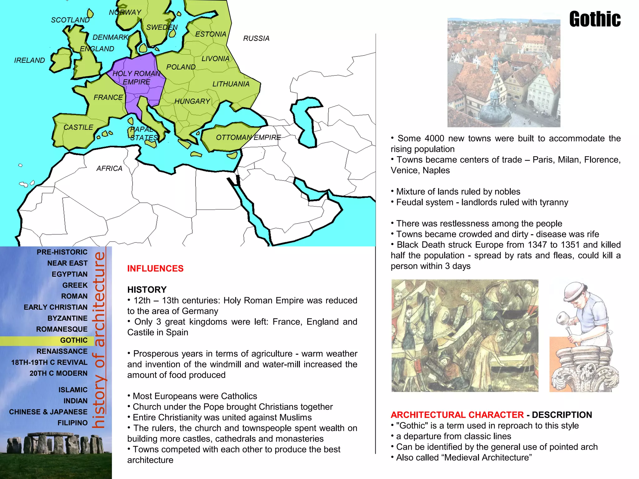 historyofarchitecture
• Some 4000 new towns were built to accommodate the
rising population
• Towns became centers of trade – Paris, Milan, Florence,
Venice, Naples
• Mixture of lands ruled by nobles
• Feudal system - landlords ruled with tyranny
• There was restlessness among the people
• Towns became crowded and dirty - disease was rife
• Black Death struck Europe from 1347 to 1351 and killed
half the population - spread by rats and fleas, could kill a
person within 3 days
ARCHITECTURAL CHARACTER - DESCRIPTION
• "Gothic" is a term used in reproach to this style
• a departure from classic lines
• Can be identified by the general use of pointed arch
• Also called “Medieval Architecture”
Gothic
INFLUENCES
HISTORY
• 12th – 13th centuries: Holy Roman Empire was reduced
to the area of Germany
• Only 3 great kingdoms were left: France, England and
Castile in Spain
• Prosperous years in terms of agriculture - warm weather
and invention of the windmill and water-mill increased the
amount of food produced
• Most Europeans were Catholics
• Church under the Pope brought Christians together
• Entire Christianity was united against Muslims
• The rulers, the church and townspeople spent wealth on
building more castles, cathedrals and monasteries
• Towns competed with each other to produce the best
architecture
PRE-HISTORIC
NEAR EAST
EGYPTIAN
GREEK
ROMAN
EARLY CHRISTIAN
BYZANTINE
ROMANESQUE
GOTHIC
RENAISSANCE
18TH-19TH C REVIVAL
20TH C MODERN
ISLAMIC
INDIAN
CHINESE & JAPANESE
FILIPINO
OTTOMAN EMPIRE
FRANCE
CASTILE
AFRICA
ENGLAND
HOLY ROMAN
EMPIRE
SCOTLAND
IRELAND
NORWAY
SWEDEN
POLAND
HUNGARY
RUSSIADENMARK ESTONIA
LIVONIA
LITHUANIA
PAPAL
STATES
 