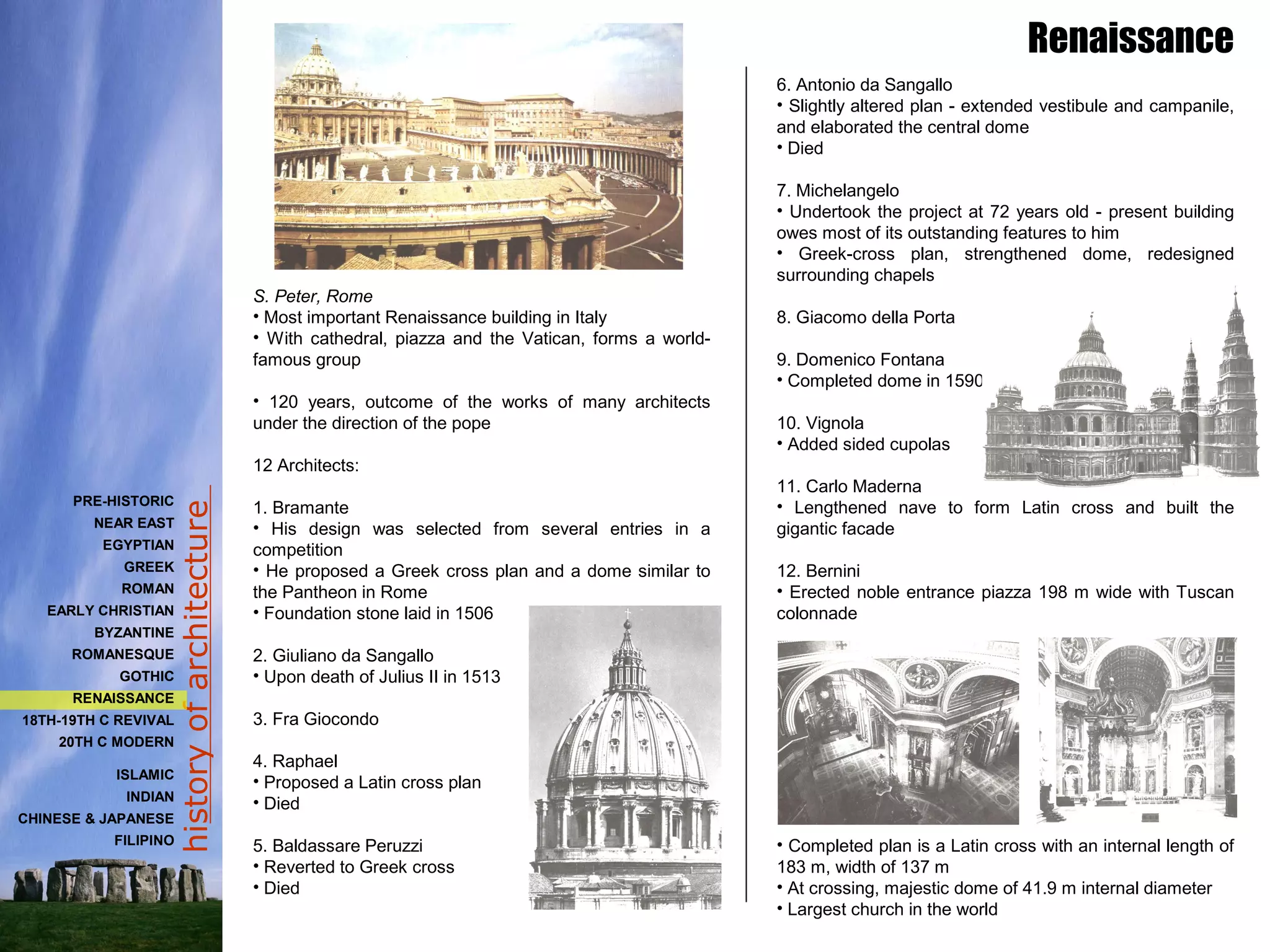 historyofarchitecture
S. Peter, Rome
• Most important Renaissance building in Italy
• With cathedral, piazza and the Vatican, forms a world-
famous group
• 120 years, outcome of the works of many architects
under the direction of the pope
12 Architects:
1. Bramante
• His design was selected from several entries in a
competition
• He proposed a Greek cross plan and a dome similar to
the Pantheon in Rome
• Foundation stone laid in 1506
2. Giuliano da Sangallo
• Upon death of Julius II in 1513
3. Fra Giocondo
4. Raphael
• Proposed a Latin cross plan
• Died
5. Baldassare Peruzzi
• Reverted to Greek cross
• Died
6. Antonio da Sangallo
• Slightly altered plan - extended vestibule and campanile,
and elaborated the central dome
• Died
7. Michelangelo
• Undertook the project at 72 years old - present building
owes most of its outstanding features to him
• Greek-cross plan, strengthened dome, redesigned
surrounding chapels
8. Giacomo della Porta
9. Domenico Fontana
• Completed dome in 1590
10. Vignola
• Added sided cupolas
11. Carlo Maderna
• Lengthened nave to form Latin cross and built the
gigantic facade
12. Bernini
• Erected noble entrance piazza 198 m wide with Tuscan
colonnade
• Completed plan is a Latin cross with an internal length of
183 m, width of 137 m
• At crossing, majestic dome of 41.9 m internal diameter
• Largest church in the world
Renaissance
PRE-HISTORIC
NEAR EAST
EGYPTIAN
GREEK
ROMAN
EARLY CHRISTIAN
BYZANTINE
ROMANESQUE
GOTHIC
RENAISSANCE
18TH-19TH C REVIVAL
20TH C MODERN
ISLAMIC
INDIAN
CHINESE & JAPANESE
FILIPINO
 