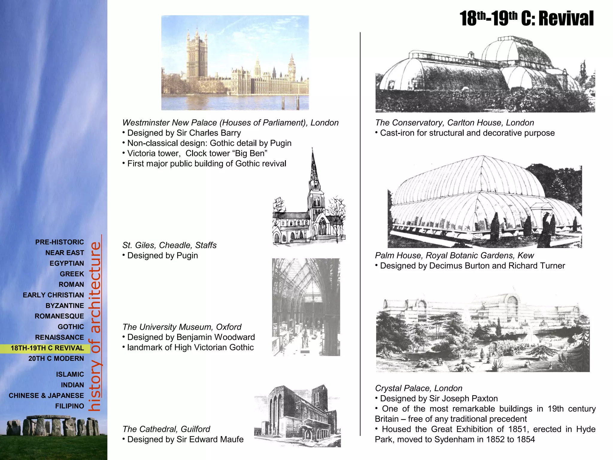 historyofarchitecture
18th
-19th
C: Revival
PRE-HISTORIC
NEAR EAST
EGYPTIAN
GREEK
ROMAN
EARLY CHRISTIAN
BYZANTINE
ROMANESQUE
GOTHIC
RENAISSANCE
18TH-19TH C REVIVAL
20TH C MODERN
ISLAMIC
INDIAN
CHINESE & JAPANESE
FILIPINO
The Conservatory, Carlton House, London
• Cast-iron for structural and decorative purpose
Palm House, Royal Botanic Gardens, Kew
• Designed by Decimus Burton and Richard Turner
Crystal Palace, London
• Designed by Sir Joseph Paxton
• One of the most remarkable buildings in 19th century
Britain – free of any traditional precedent
• Housed the Great Exhibition of 1851, erected in Hyde
Park, moved to Sydenham in 1852 to 1854
Westminster New Palace (Houses of Parliament), London
• Designed by Sir Charles Barry
• Non-classical design: Gothic detail by Pugin
• Victoria tower, Clock tower “Big Ben”
• First major public building of Gothic revival
St. Giles, Cheadle, Staffs
• Designed by Pugin
The University Museum, Oxford
• Designed by Benjamin Woodward
• landmark of High Victorian Gothic
The Cathedral, Guilford
• Designed by Sir Edward Maufe
 
