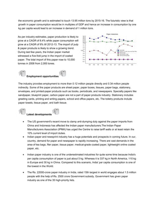 the economic growth and is estimated to touch 13.95 million tons by 2015-16. The futuristic view is that
growth in paper consumption would be in multiples of GDP and hence an increase in consumption by one
kg per capita would lead to an increase in demand of 1 million tons.
As per industry estimates, paper production is likely to
grow at a CAGR of 8.4% while paper consumption will
grow at a CAGR of 9% till 2012-13. The import of pulp
& paper products is likely to show a growing trend.
During last few years, the Indian paper market
witnessed a five-fold jump in the import of coated
paper. The total import of this paper rose to 10,000
tonnes in 2008 from 2,000 tones.

Employment opportunities
The industry provides employment to more than 0.12 million people directly and 0.34 million people
indirectly. Some of the paper products are sheet paper, paper boxes, tissues, paper bags, stationery,
envelopes, and printed-paper products such as books, periodicals, and newspapers. Specialty papers like
sandpaper, blueprint paper, carbon paper are not a part of paper products industry. Stationery includes
greeting cards, printing and writing papers, school and office papers, etc. The toiletry products include
paper towels, tissue paper, and bath tissue.

Latest developments
•

The US government's recent move to clamp anti-dumping duty against the paper imports from

•

China and Indonesia has affected the Indian paper manufacturers.The Indian Paper
Manufacturers Association (IPMA) has urged the Centre to raise tariff walls or at least retain the
10% current level of import duties.
Indian paper and newsprint industry has a huge potentials and prospects in coming future. In our,
country, demand for paper and newspaper is rapidly increasing. There are vast demands in the
area of tea bags, filer paper, tissue paper, medical-grade coated paper, lightweight online coated
paper, etc.

•

Indian paper industry is one of the underestimated industries for quite some time because India's
per capita consumption of paper is just about 5 kg. Whereas it is 337 kg in North America, 110 kg
in Europe and 30 kg in China. Compared to this scenario, India' par capita consumption is one of
the lowest in the World.

•

The Rs. 22000-crore paper industry in India, rated 15th largest in world engages about 1.5 million
people with the help of Rs. 2500 crore Government subsidy. Government has given paper
industry as one of the 35 high-priority lists.

 