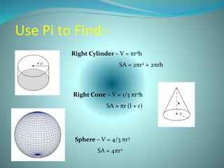Use Pi to Find:-
Right Cylinder – V = πr2h
SA = 2πr2 + 2πrh
Right Cone – V = 1/3 πr2h
SA = πr (l + r)
Sphere – V = 4/3 πr3
SA = 4πr2
 