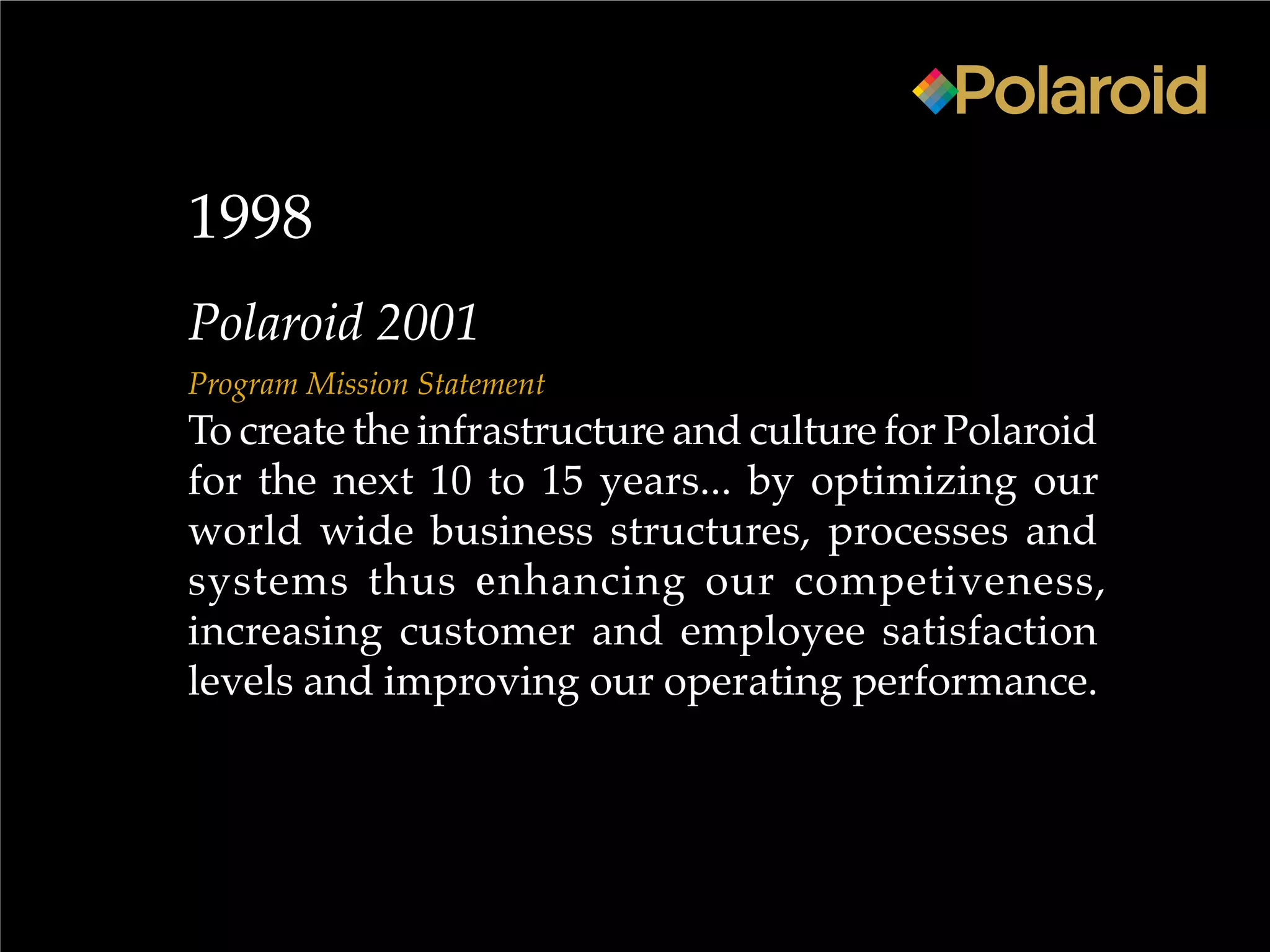 Polaroid 2001
Program Mission Statement
To create the infrastructure and culture for Polaroid
for the next 10 to 15 years... by optimizing our
world wide business structures, processes and
systems thus enhancing our competiveness,
increasing customer and employee satisfaction
levels and improving our operating performance.
1998
 