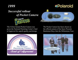Successful rollout
of Pocket Camera
The Pocket Camera has been chosen as
the official camera of the Sears Presents
Backstreet Boys Into the Millennium Tour.
The I-Zone Instant Pocket Camera was
given the National Parenting Center’s Seal
of Approval for superb quality and design.
1999
 