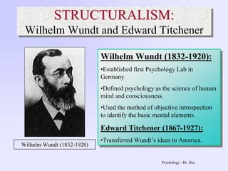 Psychology - Dr. Hsu
STRUCTURALISM:
Wilhelm Wundt and Edward Titchener
STRUCTURALISM:STRUCTURALISM:
Wilhelm Wundt and Edward Titchener
Wilhelm Wundt (1832-1920):
•Established first Psychology Lab in
Germany.
•Defined psychology as the science of human
mind and consciousness.
•Used the method of objective introspection
to identify the basic mental elements.
Edward Titchener (1867-1927):
•Transferred Wundt’s ideas to America.
Wilhelm Wundt (1832-1920):
•Established first Psychology Lab in
Germany.
•Defined psychology as the science of human
mind and consciousness.
•Used the method of objective introspection
to identify the basic mental elements.
Edward Titchener (1867-1927):
•Transferred Wundt’s ideas to America.
Wilhelm Wundt (1832-1920)
 