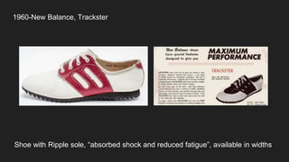 1960-New Balance, Trackster
Shoe with Ripple sole, “absorbed shock and reduced fatigue”, available in widths
 