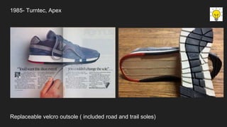 1985- Turntec, Apex
Replaceable velcro outsole ( included road and trail soles)
 