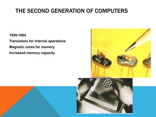 THE SECOND GENERATION OF COMPUTERS
1959-1964
Transistors for internal operations
Magnetic cores for memory
Increased memory capacity
 
