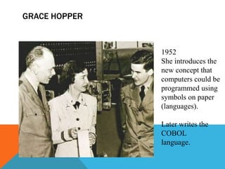 GRACE HOPPER
1952
She introduces the
new concept that
computers could be
programmed using
symbols on paper
(languages).
Later writes the
COBOL
language.
 