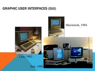 GRAPHIC USER INTERFACES (GUI)
Lisa, 1983
Macintosh, 1984
Sun, 1988
 
