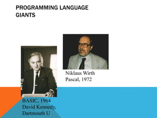 PROGRAMMING LANGUAGE
GIANTS
BASIC, 1964
David Kennedy,
Dartmouth U
Niklaus Wirth
Pascal, 1972
 