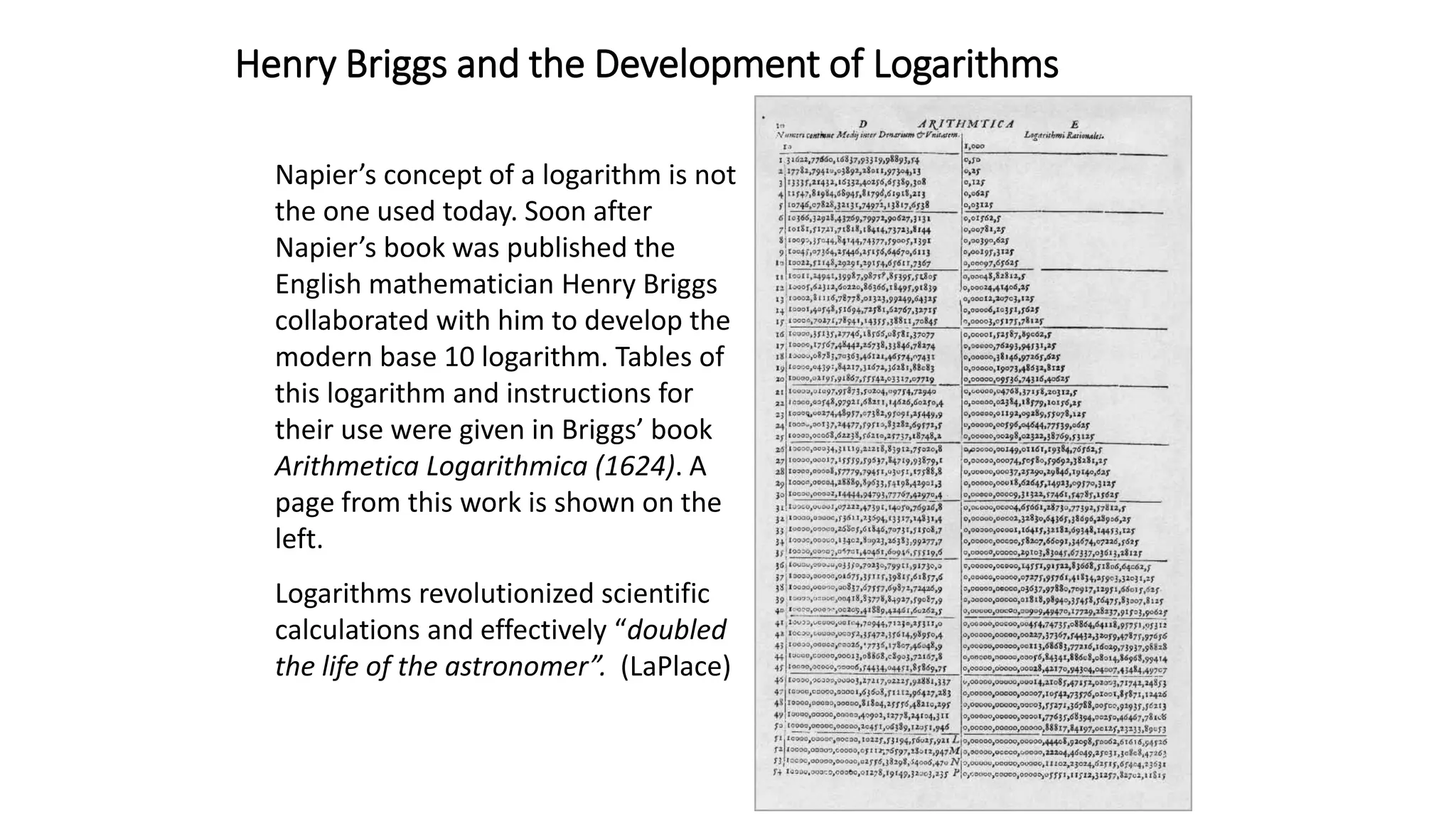 Henry Briggs and the Development of Logarithms
Napier’s concept of a logarithm is not
the one used today. Soon after
Napier’s book was published the
English mathematician Henry Briggs
collaborated with him to develop the
modern base 10 logarithm. Tables of
this logarithm and instructions for
their use were given in Briggs’ book
Arithmetica Logarithmica (1624). A
page from this work is shown on the
left.
Logarithms revolutionized scientific
calculations and effectively “doubled
the life of the astronomer”. (LaPlace)
 