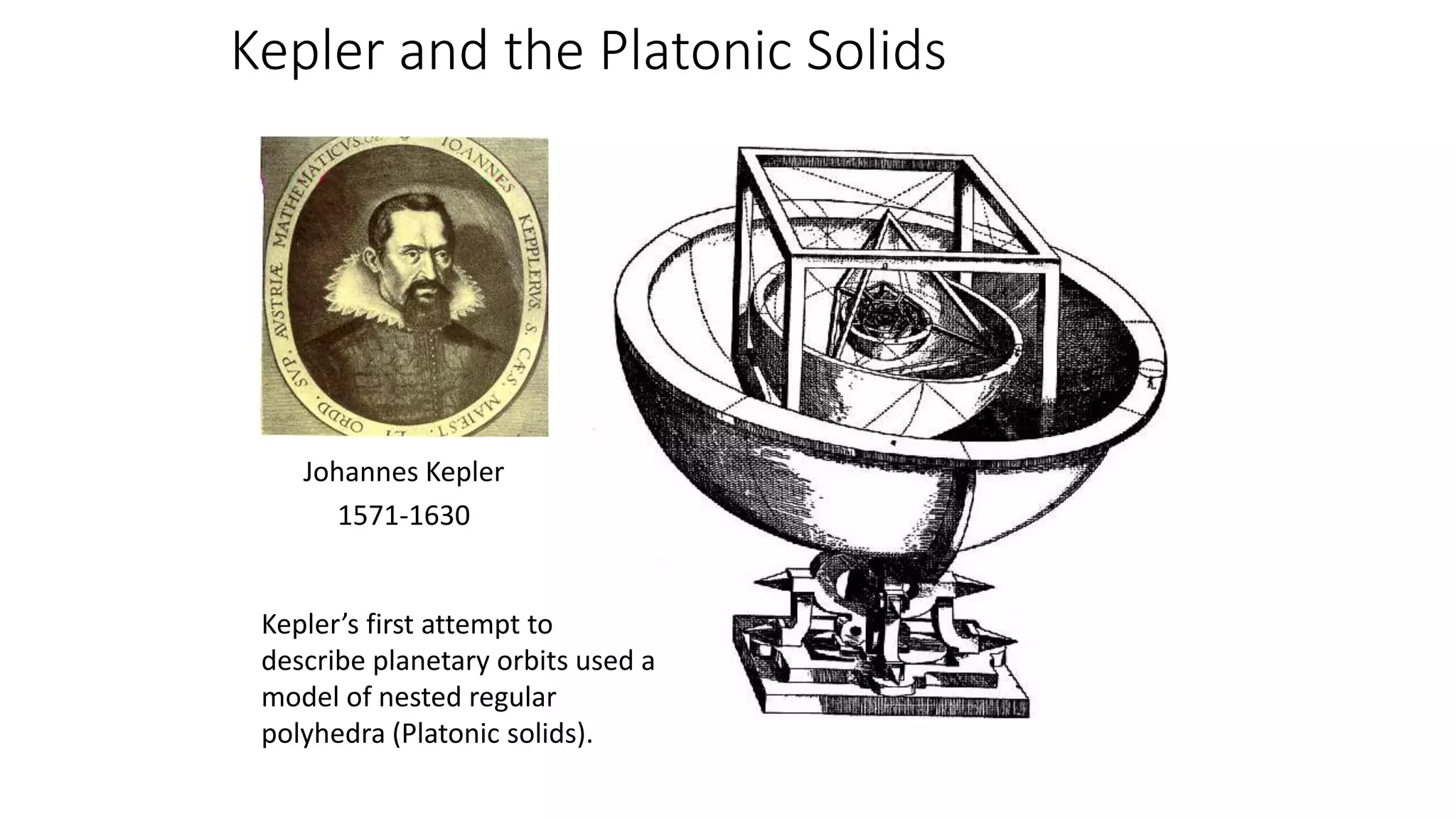 Kepler and the Platonic Solids
Johannes Kepler
1571-1630
Kepler’s first attempt to
describe planetary orbits used a
model of nested regular
polyhedra (Platonic solids).
 