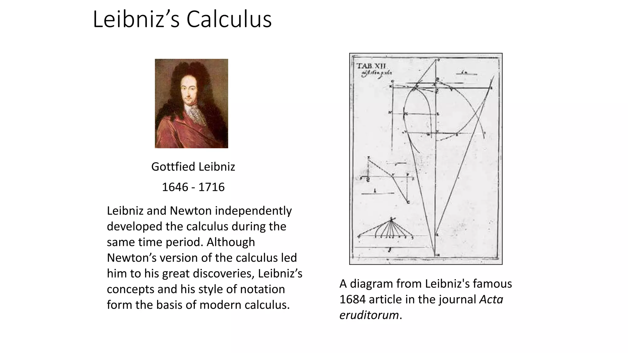 Leibniz’s Calculus
Leibniz and Newton independently
developed the calculus during the
same time period. Although
Newton’s version of the calculus led
him to his great discoveries, Leibniz’s
concepts and his style of notation
form the basis of modern calculus.
Gottfied Leibniz
1646 - 1716
A diagram from Leibniz's famous
1684 article in the journal Acta
eruditorum.
 