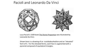 Pacioli and Leonardo Da Vinci
Luca Pacioli's 1509 book The Divine Proportion was illustrated by
Leonardo Da Vinci.
Shown here is a drawing of an icosidodecahedron and an "elevated"
form of it. For the elevated forms, each face is augmented with a
pyramid composed of equilateral triangles.
 