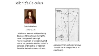 Leibniz’s Calculus
Leibniz and Newton independently
developed the calculus during the
same time period. Although
Newton’s version of the calculus led
him to his great discoveries, Leibniz’s
concepts and his style of notation
form the basis of modern calculus.
Gottfied Leibniz
1646 - 1716
A diagram from Leibniz's famous
1684 article in the journal Acta
eruditorum.
 