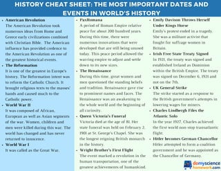 HISTORY CHEAT SHEET: THE MOST IMPORTANT DATES AND
EVENTS IN WORLD'S HISTORY
American Revolution
The American Revolution took
numerous ideas from Rome and
Greece early civilizations combined
with Christian Bible. The American
influence has provided credence to
the American Revolution as one of
the greatest historical events.
The Reformation
It is one of the greatest in Europe’s
history. The Reformation intent was
to reform the Catholic Church. It
brought religious texts to the masses’
hands and caused much to the
Catholic power.
World War II
It was composed of African,
European as well as Asian segments
of the war. Women, children and
men were killed during this war. The
world has changed and has never
returned to innocence.
World War I
It was called as the Great War.
PaxRomana
A period of Roman Empire relative
peace for about 200 hundred years.
During this time, there were
numerous innovations that were
developed that are still being unused
today. This peace period allowed the
warring empire to adjust and settle
down to its new sizes.
The Renaissance
During this time, great women and
men questioned the standing beliefs
and tradition. Renaissance gave rise
to prominent names and faces. The
Renaissance was an awakening to
the whole world and the beginning of
all curiosity.
Queen Victoria’s Funeral
Victoria died at the age of 81. Her
state funeral was held on February 2,
1901 at St. George’s Chapel. She was
the longest reigning British monarch
in the history.
Wright Brother’s First Flight
The event marked a revolution in the
human transportation, one of the
greatest achievements of humankind.
Emily Davison Throws Herself
Under Kings Horse
Emily’s protest ended in a tragedy.
She was a militant activist that
fought for suffrage women in
Britain.
Irish Free State Treaty Signed
In 1921, the treaty was signed and
established Ireland as Dominion
within the British Empire. The treaty
was signed on December 6, 1921 and
not on the 7th.
UK General Strike
The strike started as a response to
the British government’s attempts in
lowering wages for miners.
Charles Lindbergh Files the
Atlantic Solo
In the year 1927, Charles achieved
the first world non-stop transatlantic
flight.
Hitler becomes German Chancellor
Hitler attempted to form a coalition
government and he was appointed as
the Chancellor of Germany.
 