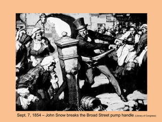 Sept. 7, 1854 – John Snow breaks the Broad Street pump handle. (Library of Congress)
 