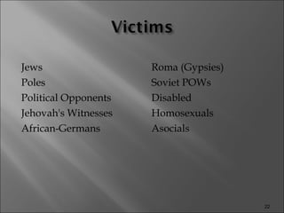 Jews Poles Political Opponents Jehovah's Witnesses African-Germans  Roma (Gypsies) Soviet POWs Disabled Homosexuals Asocials 