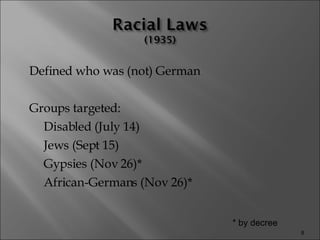 Defined who was (not) German Groups targeted: Disabled (July 14) Jews (Sept 15) Gypsies (Nov 26)* African-Germans (Nov 26)* * by decree 