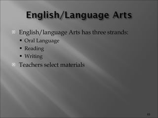 English/language Arts has three strands: Oral Language Reading  Writing Teachers select materials  