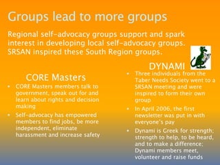 Leadership Today opened eyesBetween 1998 and  2009 Leadership Today taught ~60 Leadership Training (LT) courses to more than 1000 people~25 Train-the-Trainer courses to more than 200 LT graduates~15 Inclusive Board workshops to community board members~12 Supporting Self-Advocacy and 12 Partners in Advocacy workshops to support workers and supervisorsPiloted a new workshop on How Government WorksSelf-Advocates co-taught all the workshops, Leadership Training and public presentationsLeadership Today made graduates think about their place in the worldProfileDerrick SeabrookDerrick is an active  public speaker educating the community about his disability He writes letters to government and is a great leader, networker, canvasser,  mentor and role model, and member of the Self-Advocacy FederationDerrick meets everyone as a parking attendant at his churchHe has found work at Boston Pizza, Rocky Bar Ranch and doing Quality of Life surveys