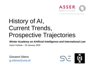 History of AI,
Current Trends,
Prospective Trajectories
Giovanni Sileno
g.sileno@uva.nl
Winter Academy on Artificial Intelligence and International Law
Asser Institute – 20 January 2020
 