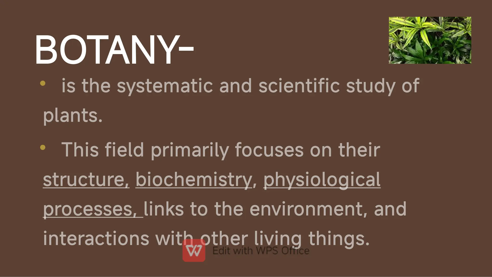 BOTANY-
•
•
is the systematic and scientific study of
plants.
This field primarily focuses on their
structure, biochemistry, physiological
processes, links to the environment, and
interactions with other living things.
 
